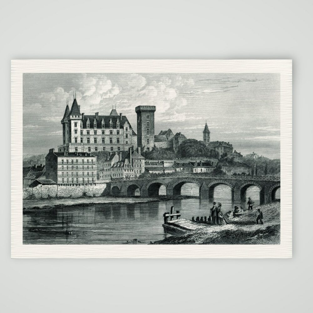 Schloss Pau über dem Gave mit Brücke, Stahlstich nach Gustave Doré um 1850, Kunstdruck auf Leinenpapier