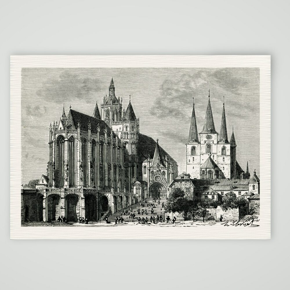 Erfurter Dom und Severikirche mit Domstufen, Holzstich von P. H. Clerget um 1880, Kunstdruck auf Leinenpapier