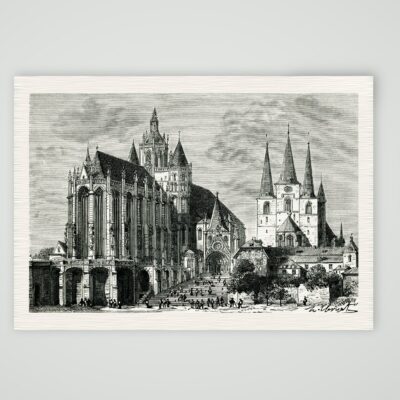 Erfurter Dom und Severikirche mit Domstufen, Holzstich von P. H. Clerget um 1880, Kunstdruck auf Leinenpapier