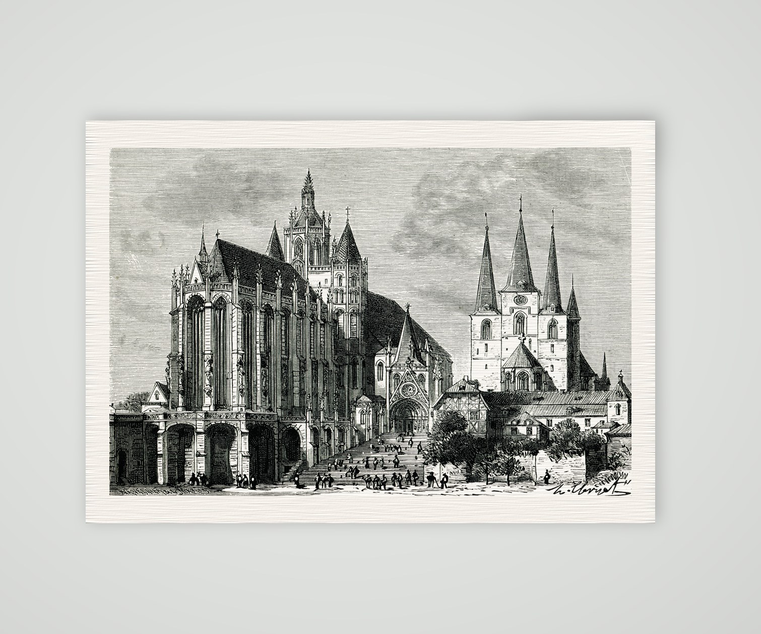 Erfurter Dom und Severikirche mit Domstufen, Holzstich von P. H. Clerget um 1880, Kunstdruck auf Leinenpapier