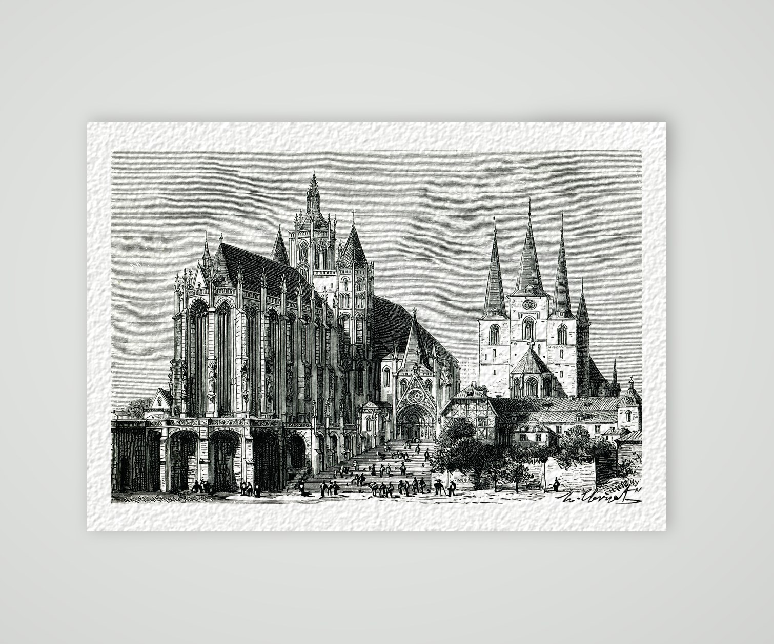 Erfurter Dom und Severikirche mit Domstufen, Holzstich von P. H. Clerget um 1880, Kunstdruck auf Hahnemühle-Büttenpapier