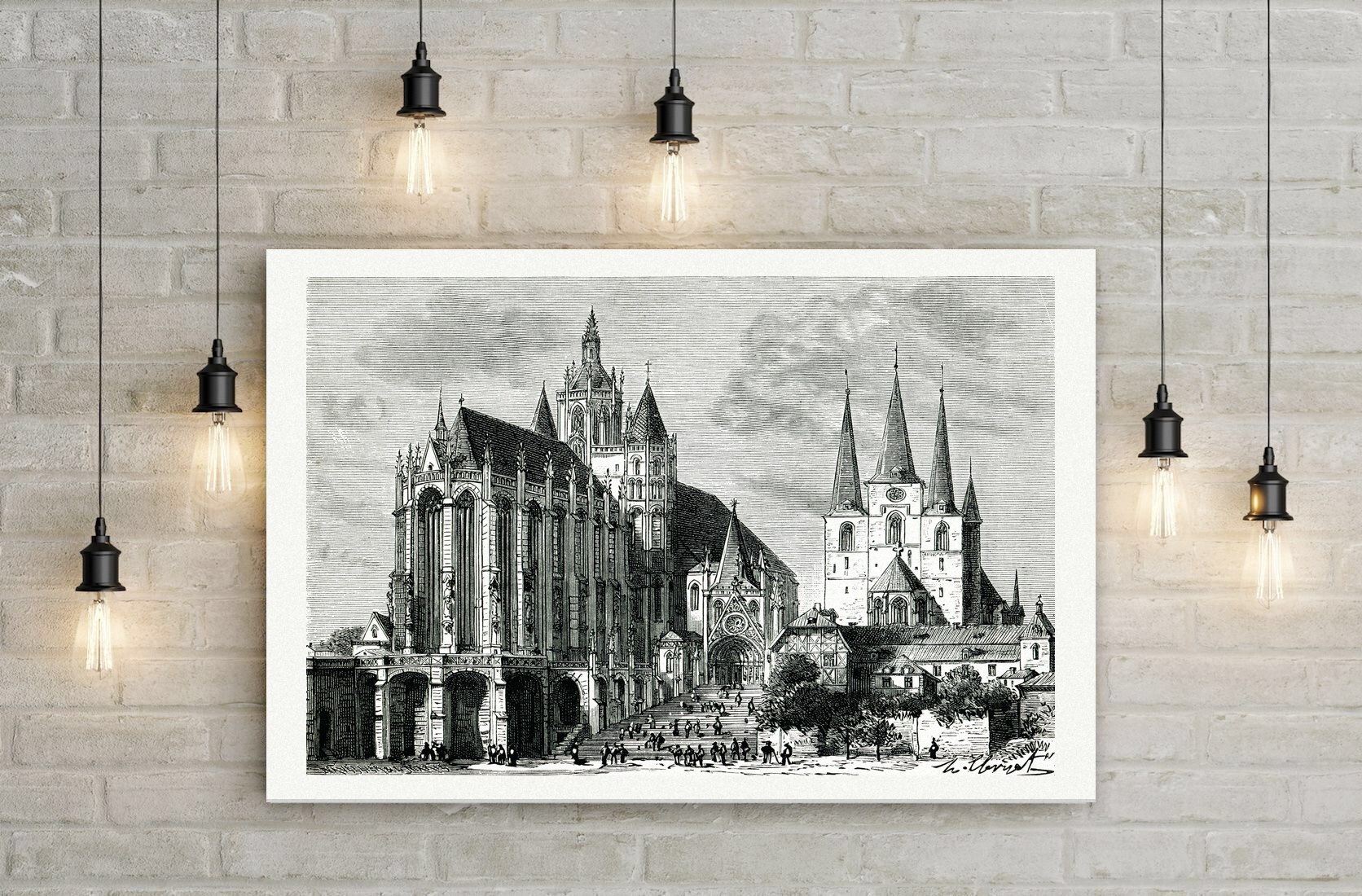Erfurter Dom und Severikirche mit Domstufen, Holzstich von P. H. Clerget um 1880, Leinwanddruck auf Holzkeilrahmen an der Wand