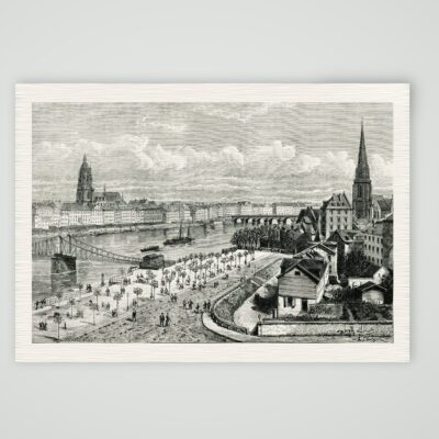 Frankfurt am Main, Stadtansicht mit Main, Brücken und Dom, Holzstich um 1880, Kunstdruck auf Leinenpapier