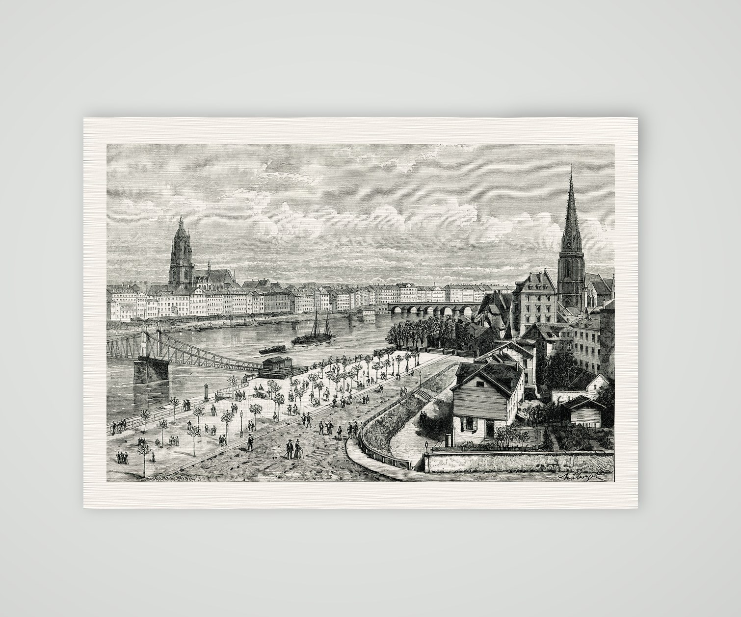 Frankfurt am Main, Stadtansicht mit Main, Brücken und Dom, Holzstich um 1880, Kunstdruck auf Leinenpapier
