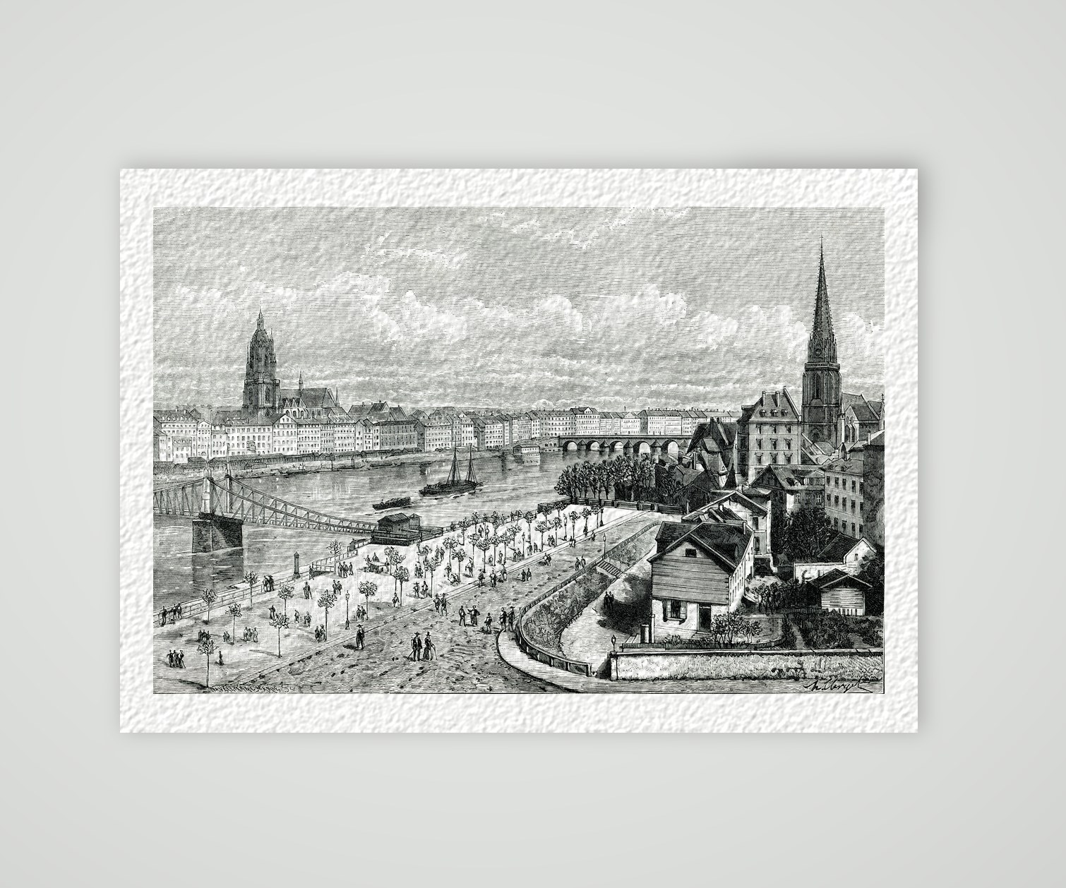 Frankfurt am Main, Stadtansicht mit Main, Brücken und Dom, Holzstich um 1880, Kunstdruck auf Hahnemühle-Büttenpapier