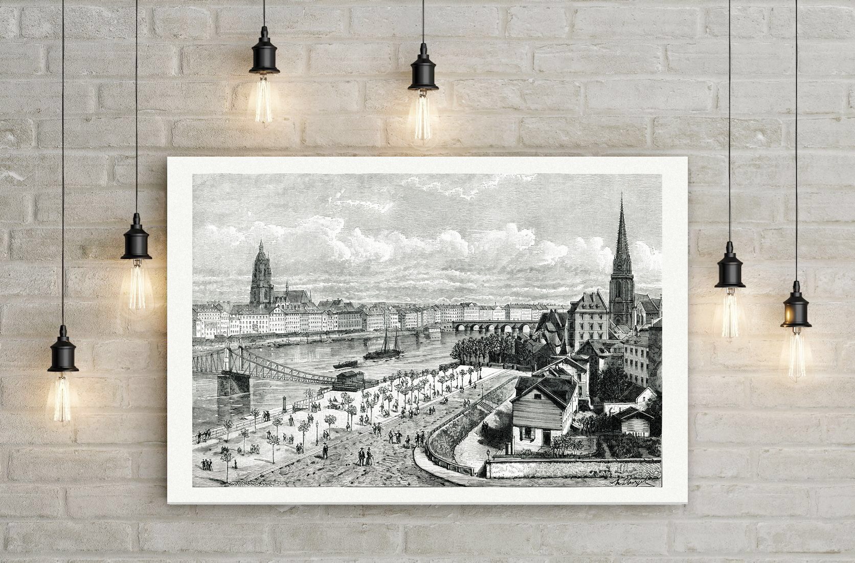 Frankfurt am Main, Stadtansicht mit Main, Brücken und Dom, Holzstich um 1880, Leinwanddruck auf Holzkeilrahmen an der Wand