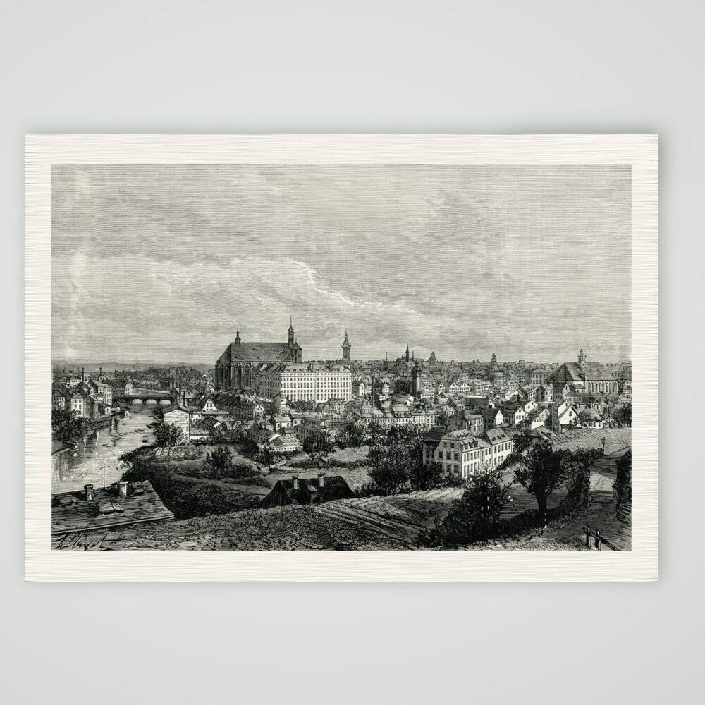 Breslau, Blick über die Oder auf Universität und Altstadt, Holzstich von P. H. Clerget um 1880, Kunstdruck auf Leinenpapier