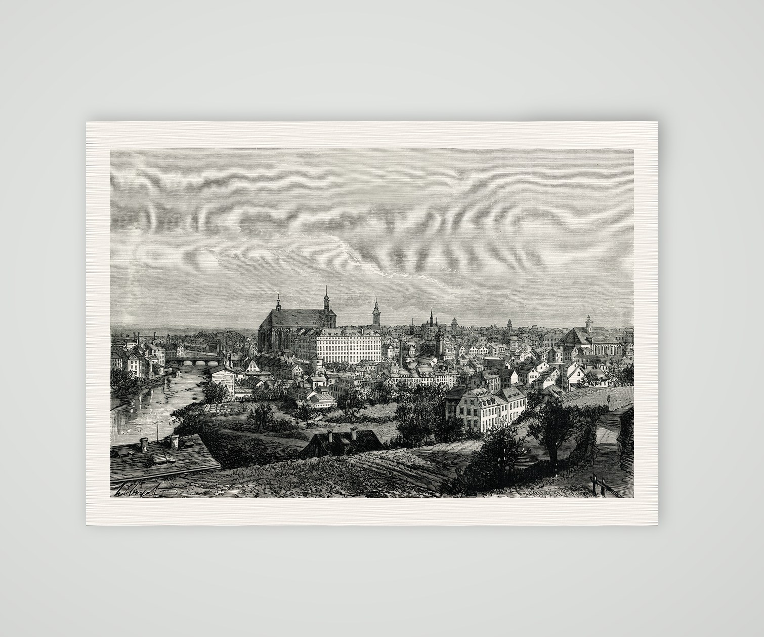 Breslau, Blick über die Oder auf Universität und Altstadt, Holzstich von P. H. Clerget um 1880, Kunstdruck auf Leinenpapier