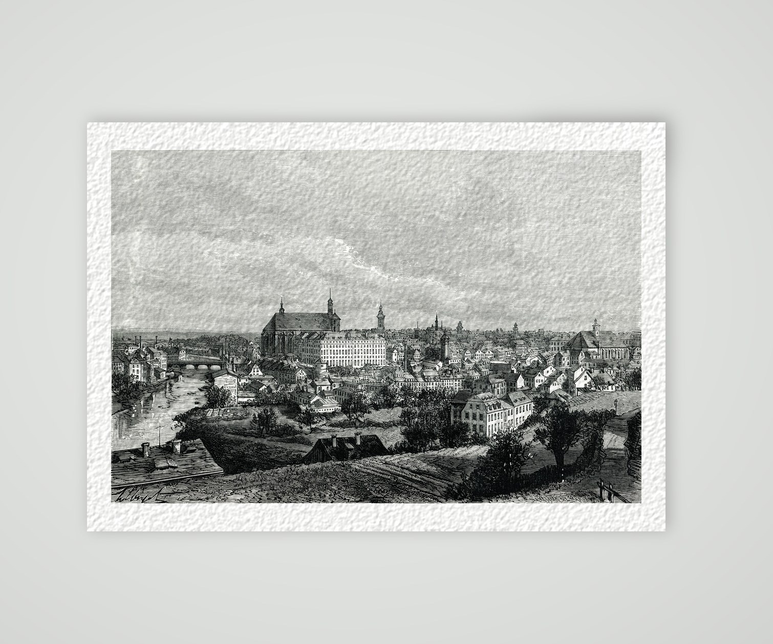 Breslau, Blick über die Oder auf Universität und Altstadt, Holzstich von P. H. Clerget um 1880, Kunstdruck auf Hahnemühle-Büttenpapier
