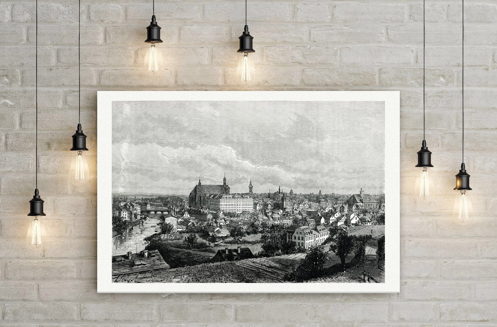 Breslau, Blick über die Oder auf Universität und Altstadt, Holzstich von P. H. Clerget um 1880, Leinwanddruck auf Holzkeilrahmen an der Wand