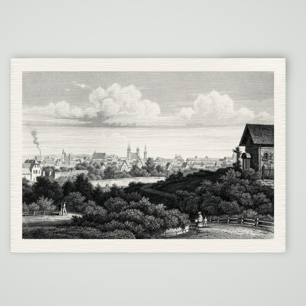 Halle an der Saale, Blick von Presslers Garten auf die Stadt mit Marktkirche, Stahlstich um 1850, Kunstdruck auf Leinenpapier