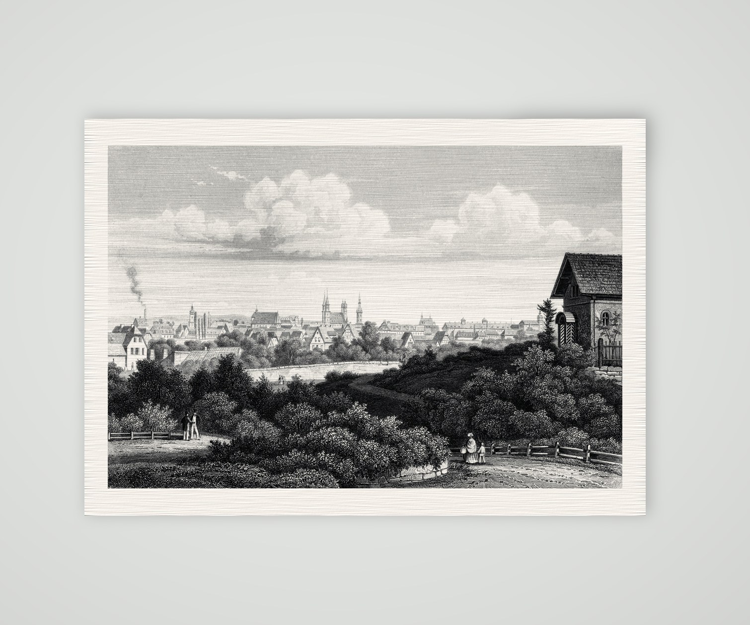Halle an der Saale, Blick von Presslers Garten auf die Stadt mit Marktkirche, Stahlstich um 1850, Kunstdruck auf Leinenpapier