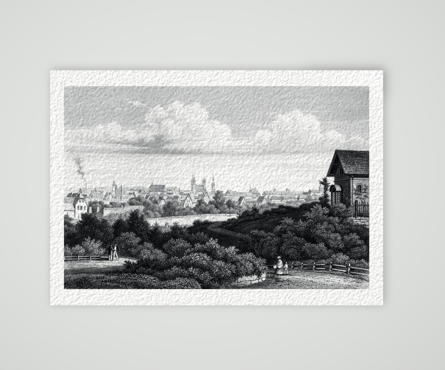 Halle an der Saale, Blick von Presslers Garten auf die Stadt mit Marktkirche, Stahlstich um 1850, Kunstdruck auf Hahnemühle-Büttenpapier