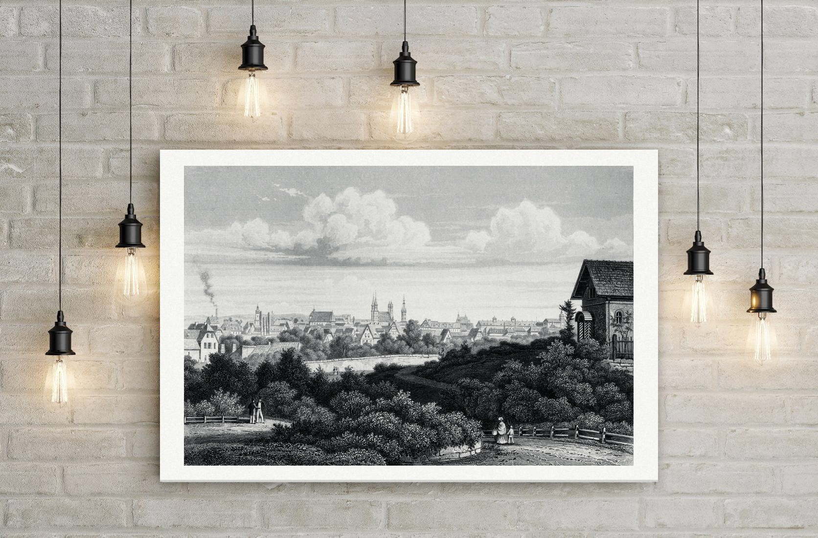 Halle an der Saale, Blick von Presslers Garten auf die Stadt mit Marktkirche, Stahlstich um 1850, Leinwanddruck auf Holzkeilrahmen an der Wand