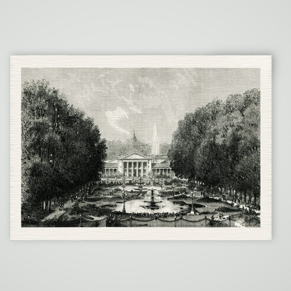 Wiesbaden, Kurhaus mit Bowling Green und Fontänen, Holzstich von P. H. Clerget um 1880, Kunstdruck auf Leinenpapier