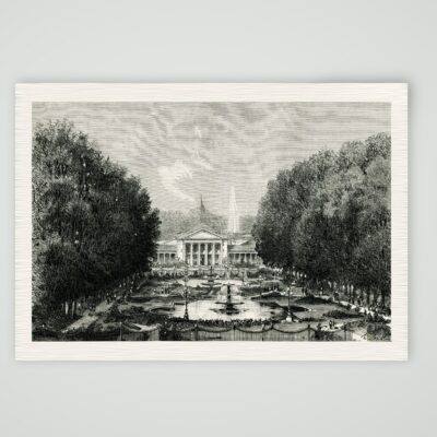 Wiesbaden, Kurhaus mit Bowling Green und Fontänen, Holzstich von P. H. Clerget um 1880, Kunstdruck auf Leinenpapier