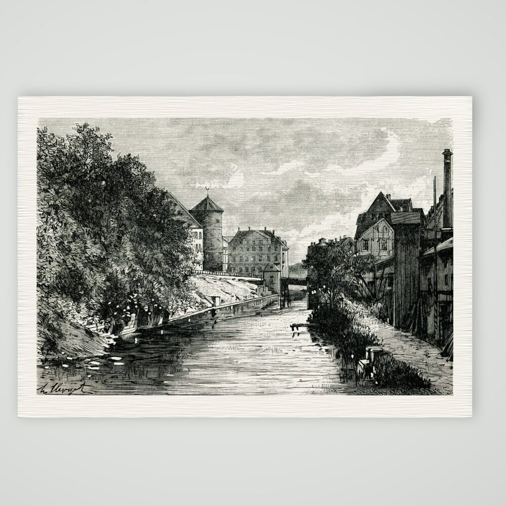 Hannover, Beginenturm und Altes Zeughaus am Hohen Ufer der Leine, Holzstich von P. H. Clerget um 1880, Kunstdruck auf Leinenpapier