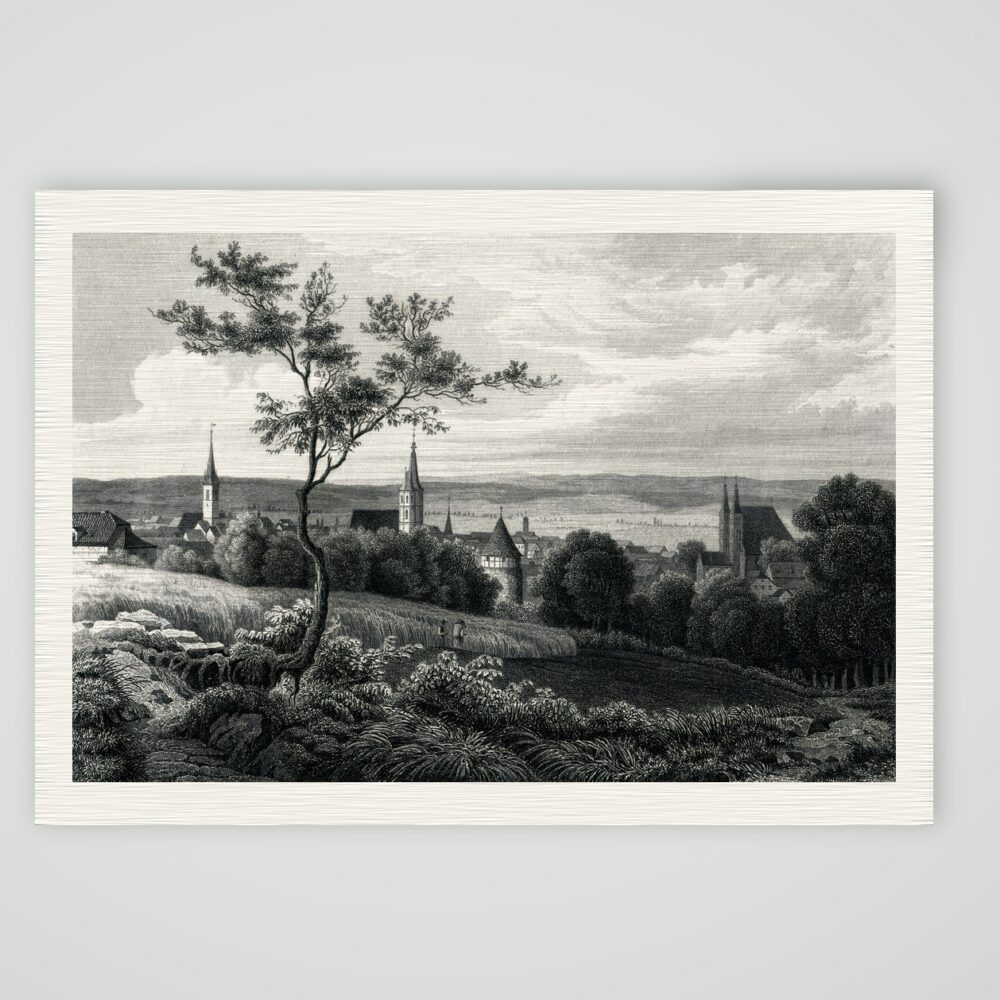 Nordhausen, Totalansicht mit Dom und Kirchtürmen, Stahlstich nach L. Rohbock um 1850, Kunstdruck auf Leinenpapier