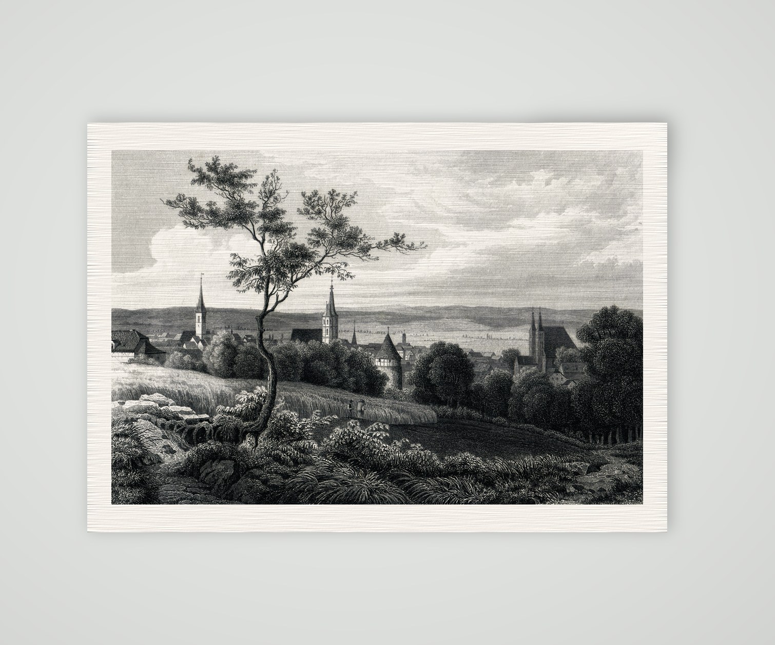 Nordhausen, Totalansicht mit Dom und Kirchtürmen, Stahlstich nach L. Rohbock um 1850, Kunstdruck auf Leinenpapier