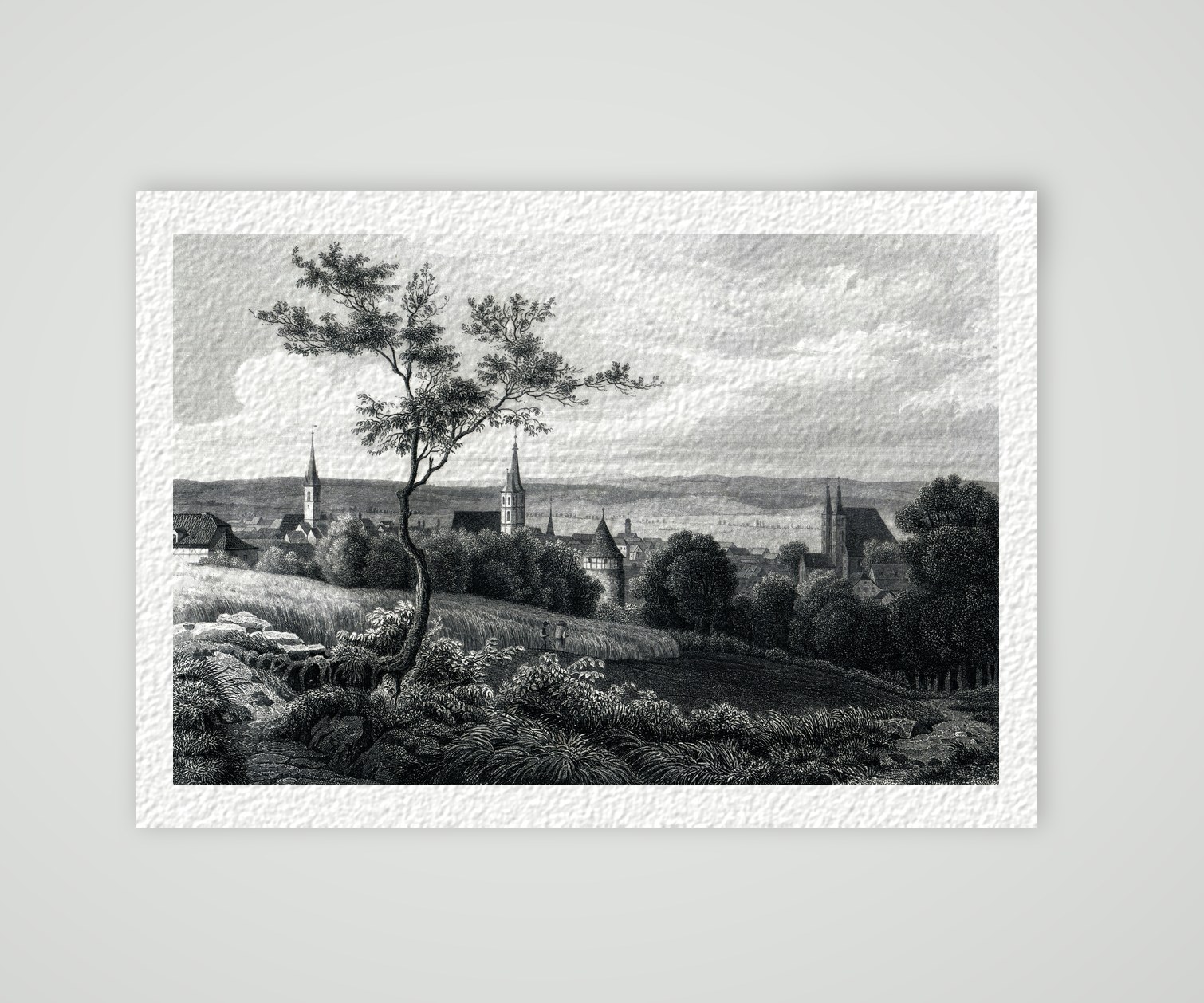 Nordhausen, Totalansicht mit Dom und Kirchtürmen, Stahlstich nach L. Rohbock um 1850, Kunstdruck auf Hahnemühle-Büttenpapier