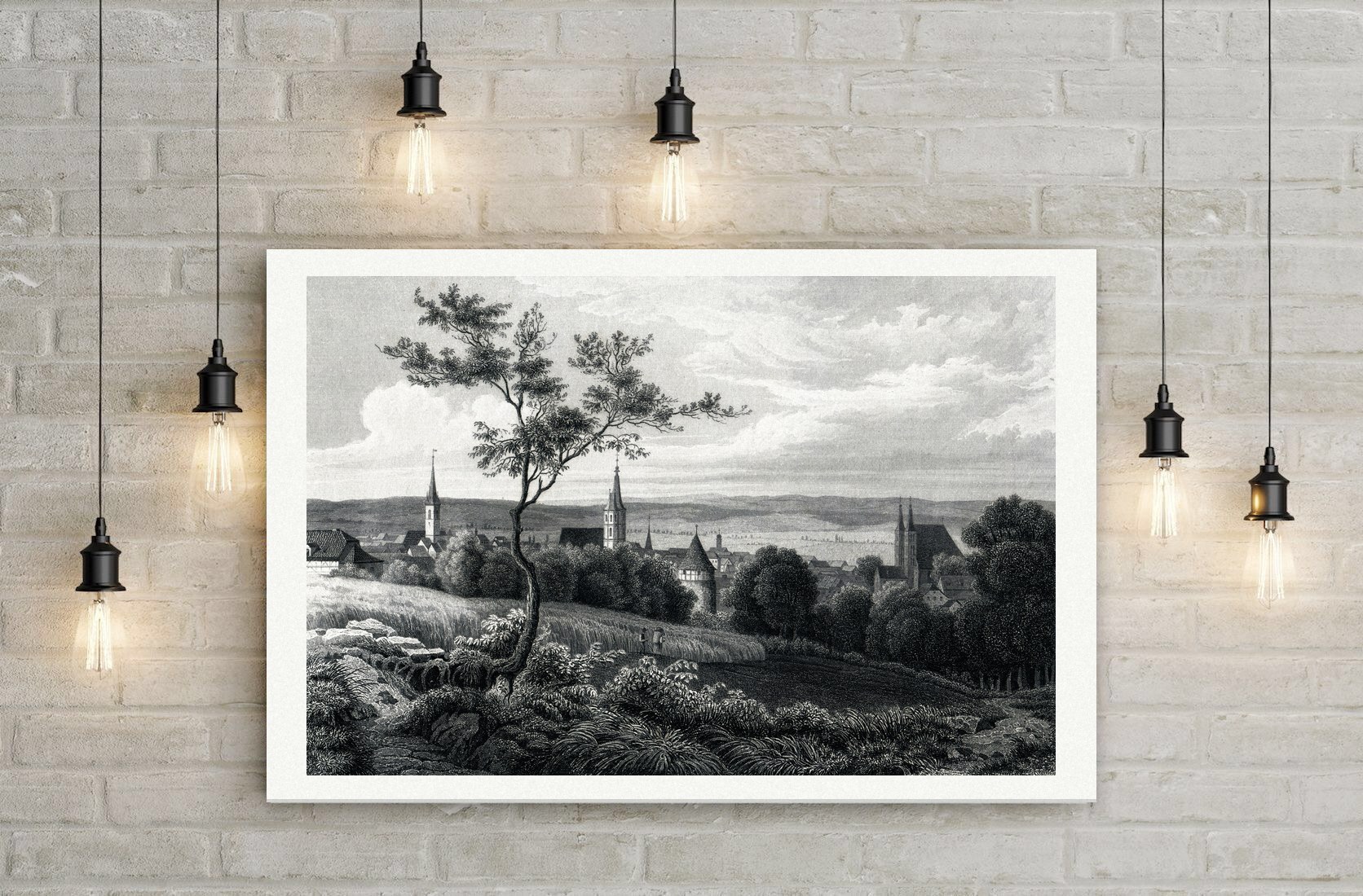 Nordhausen, Totalansicht mit Dom und Kirchtürmen, Stahlstich nach L. Rohbock um 1850, Leinwanddruck auf Holzkeilrahmen an der Wand