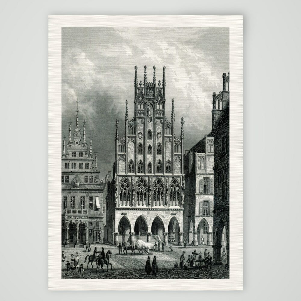 Münster, historisches Rathaus mit gotischem Giebel am Prinzipalmarkt, Stahlstich 19. Jahrhundert, Kunstdruck auf Leinenpapier