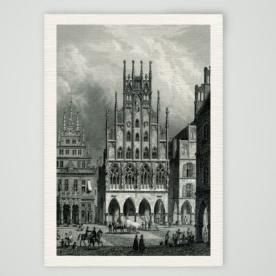 Münster, historisches Rathaus mit gotischem Giebel am Prinzipalmarkt, Stahlstich 19. Jahrhundert, Kunstdruck auf Leinenpapier