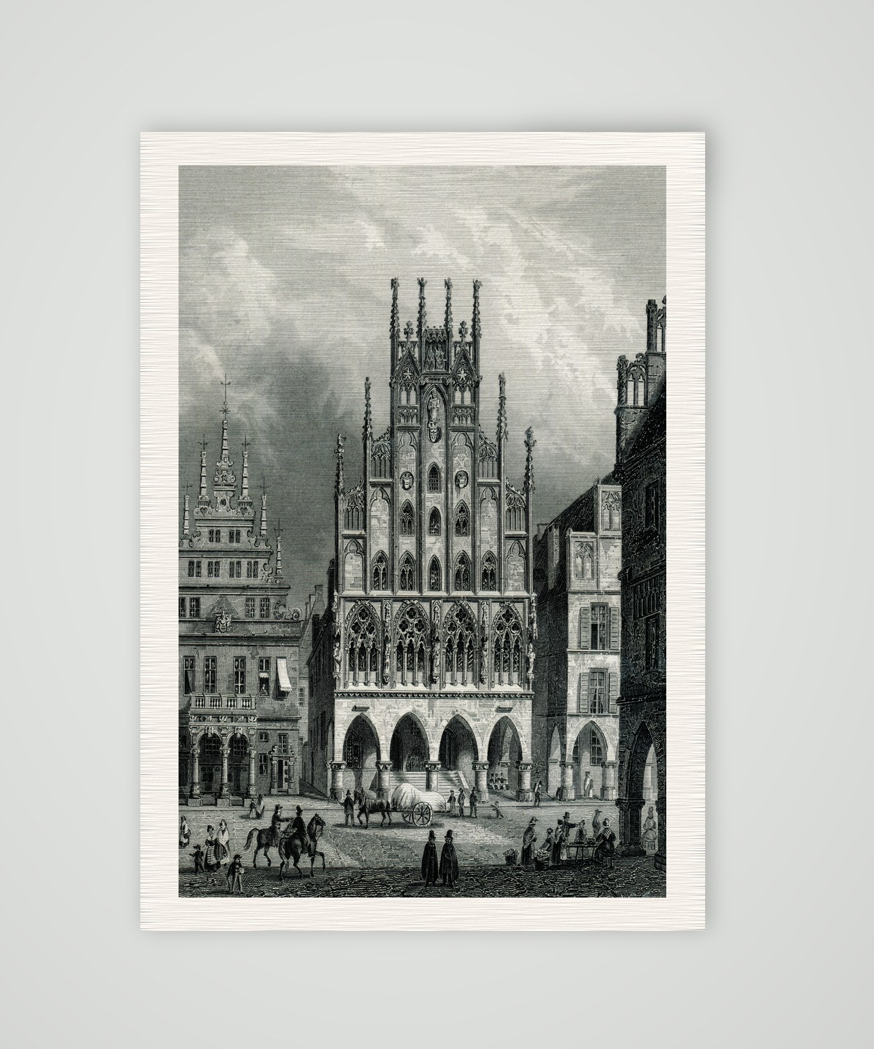 Münster, historisches Rathaus mit gotischem Giebel am Prinzipalmarkt, Stahlstich 19. Jahrhundert, Kunstdruck auf Leinenpapier