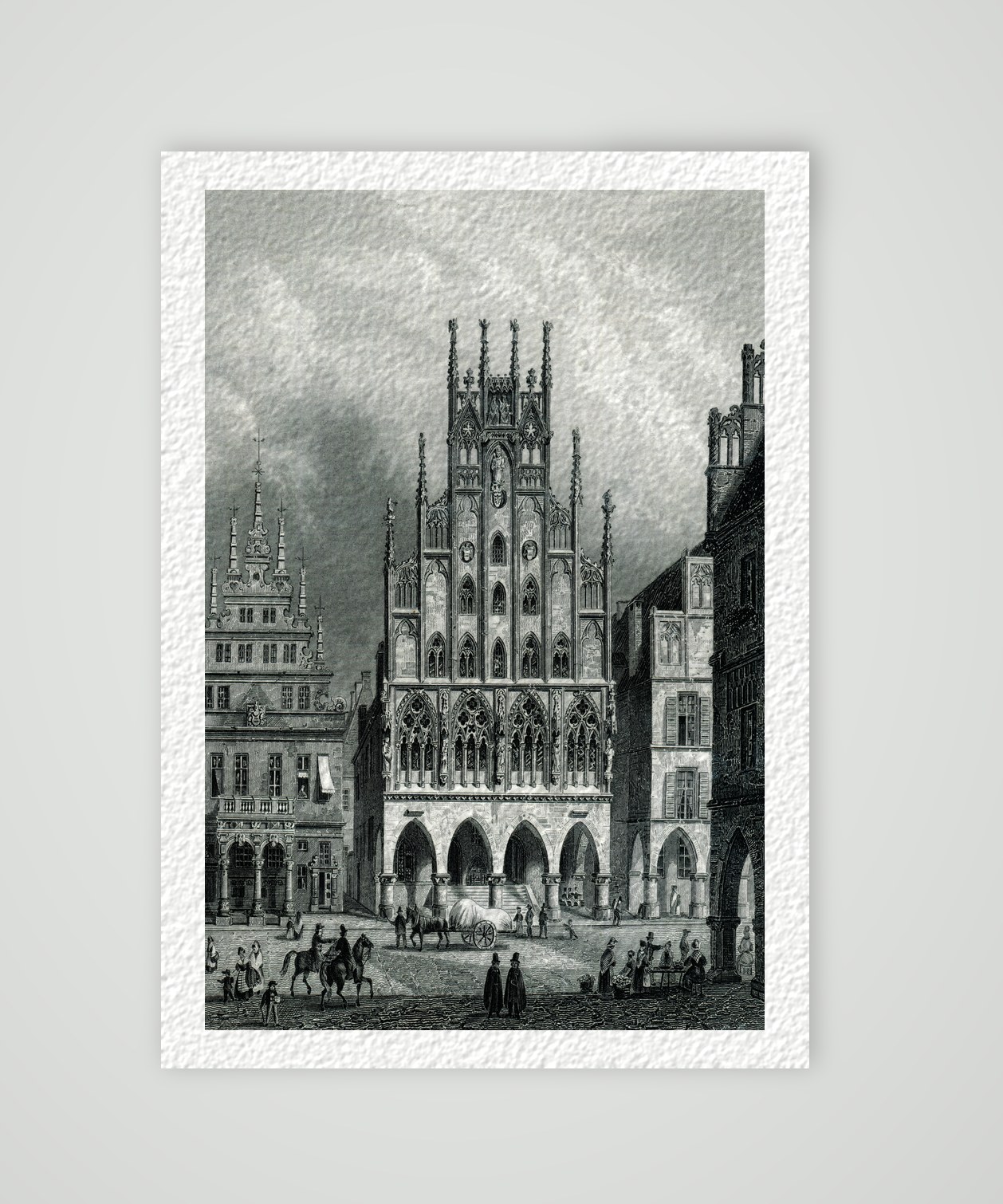 Münster, historisches Rathaus mit gotischem Giebel am Prinzipalmarkt, Stahlstich 19. Jahrhundert, Kunstdruck auf Hahnemühle-Büttenpapier