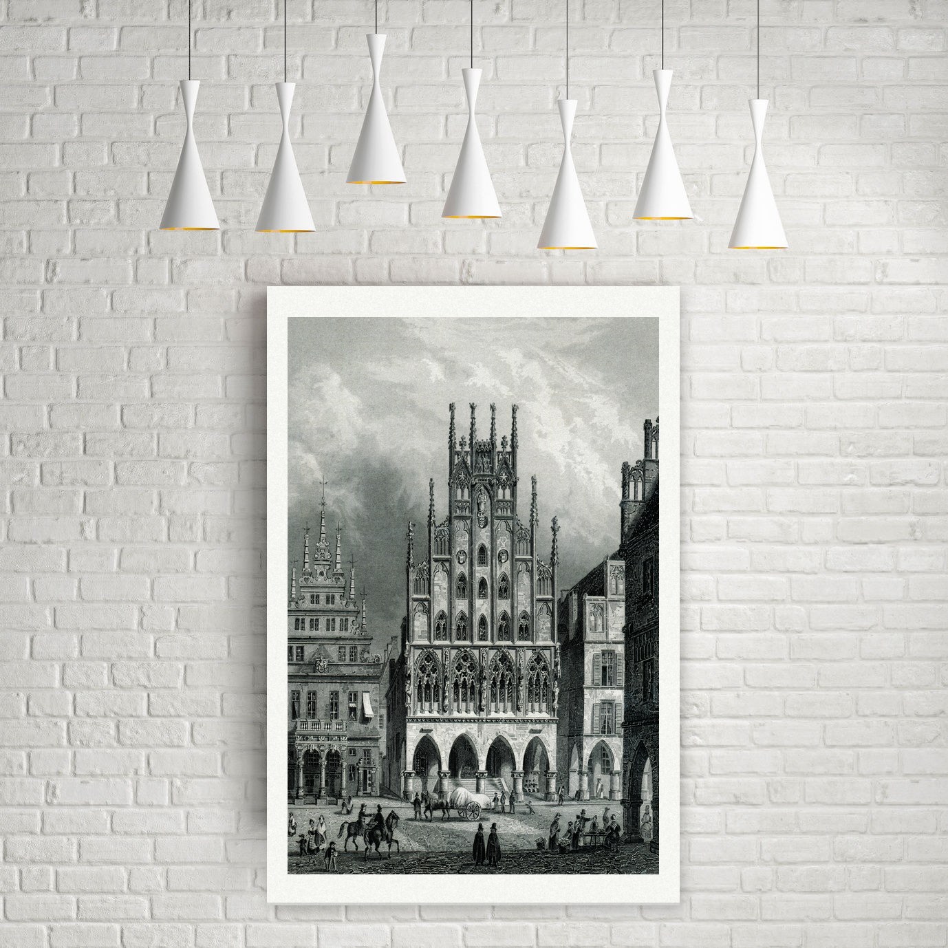 Münster, historisches Rathaus mit gotischem Giebel am Prinzipalmarkt, Stahlstich 19. Jahrhundert, Leinwanddruck auf Holzkeilrahmen an der Wand
