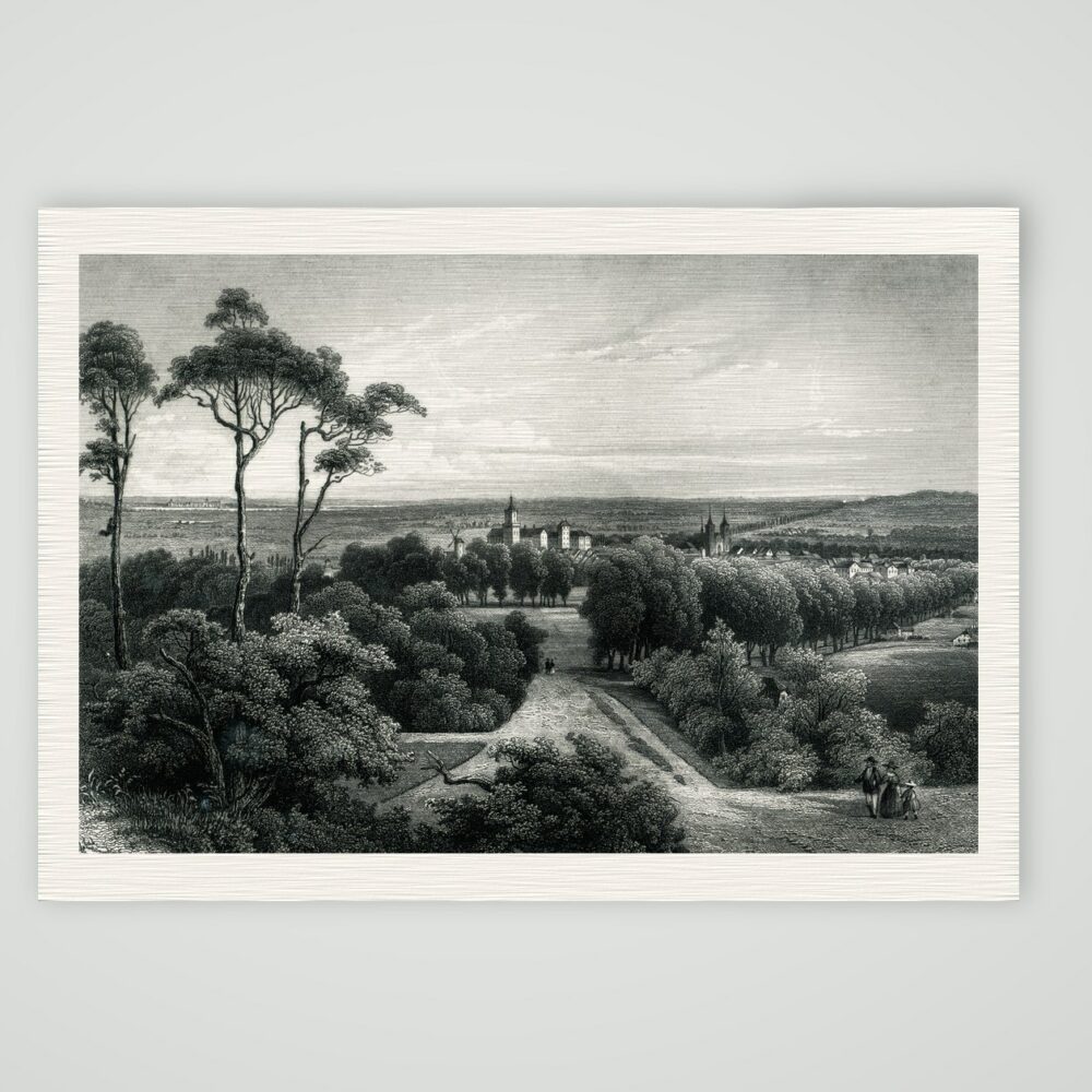 Kleve vom Cleveberg aus gesehen, mit Schwanenburg und Stiftskirche, Stahlstich nach L. Rohbock um 1850, Kunstdruck auf Leinenpapier