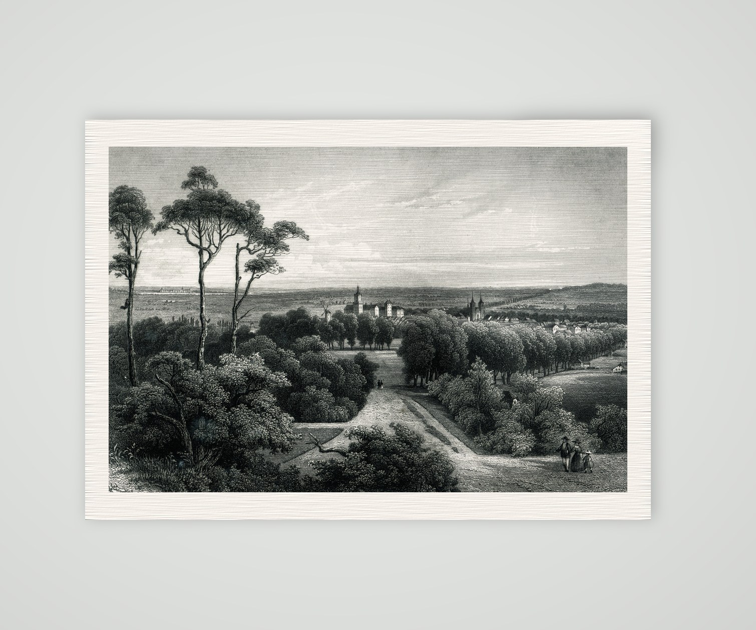 Kleve vom Cleveberg aus gesehen, mit Schwanenburg und Stiftskirche, Stahlstich nach L. Rohbock um 1850, Kunstdruck auf Leinenpapier