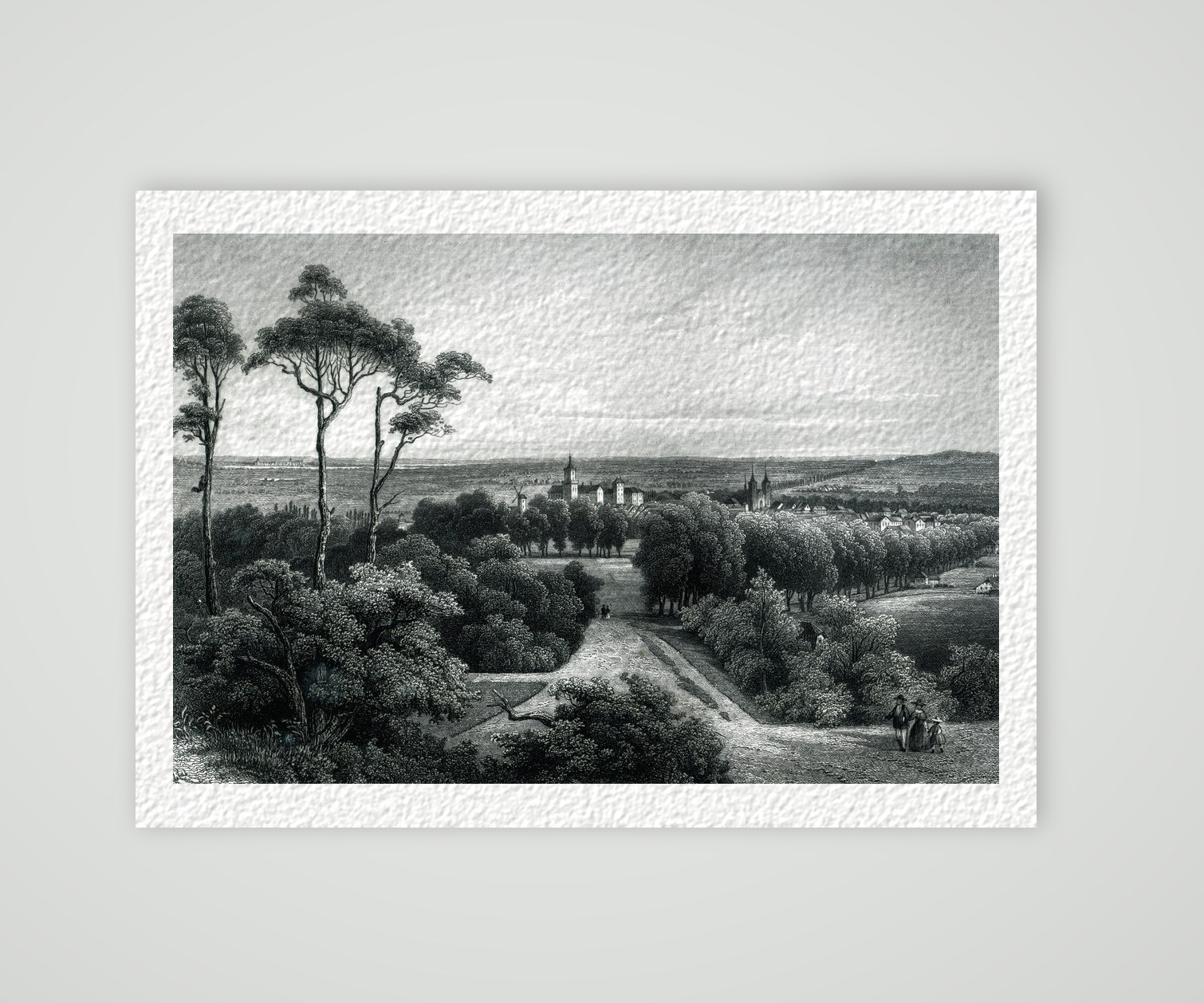 Kleve vom Cleveberg aus gesehen, mit Schwanenburg und Stiftskirche, Stahlstich nach L. Rohbock um 1850, Kunstdruck auf Hahnemühle-Büttenpapier