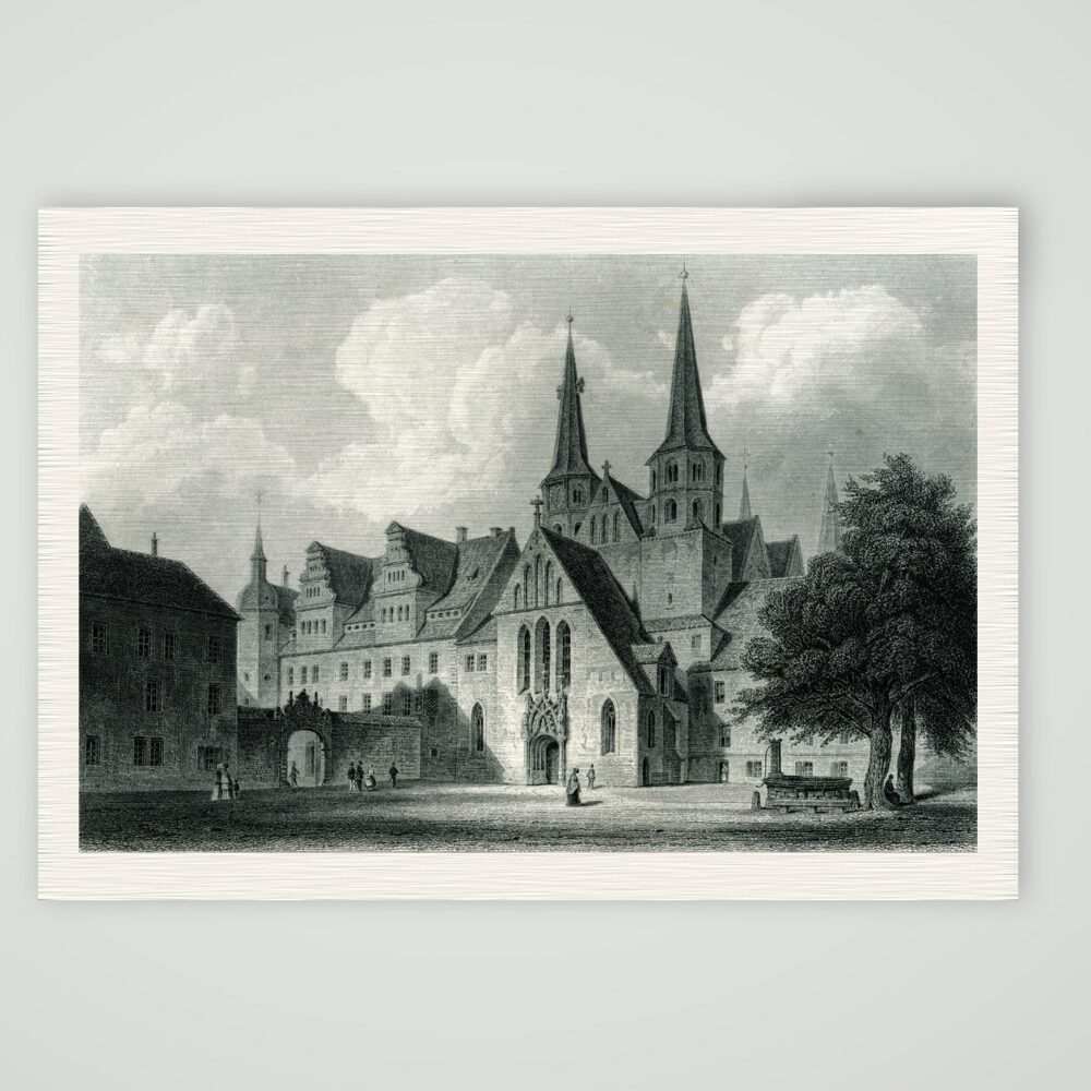 Merseburg, Dom und Schloss mit Brunnen, Stahlstich 19. Jahrhundert, Kunstdruck auf Leinenpapier