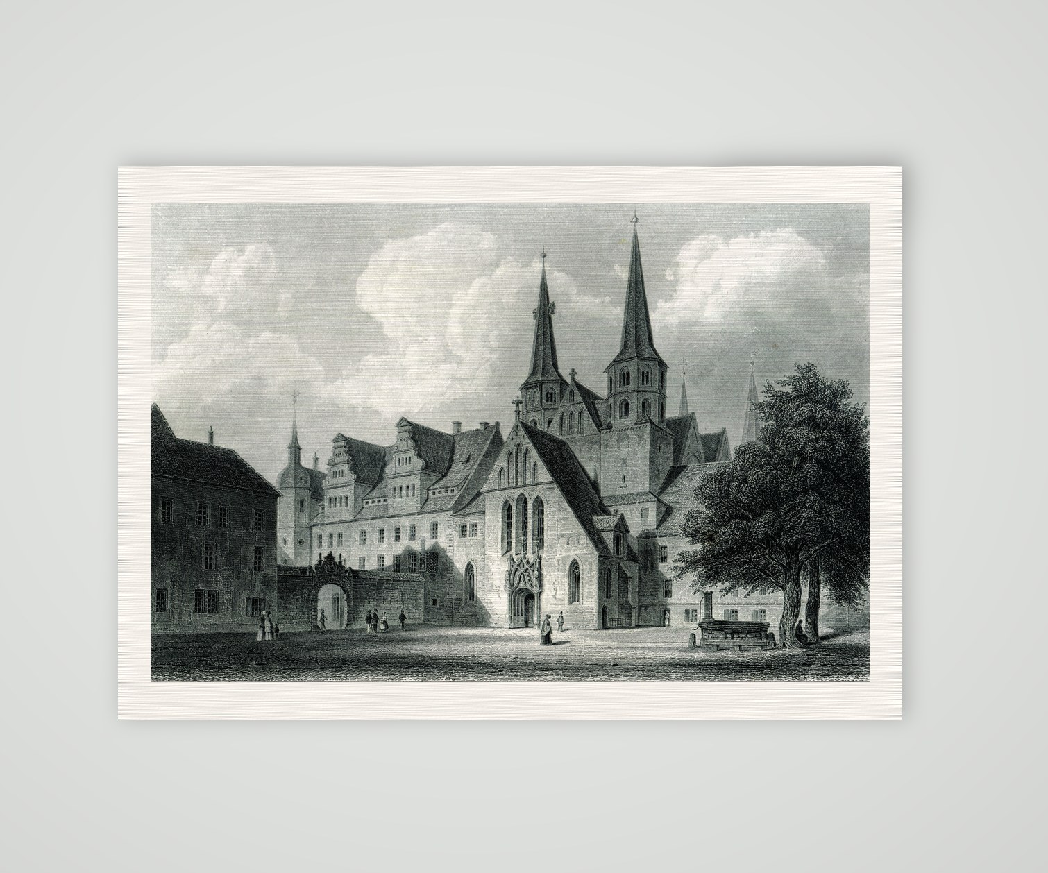 Merseburg, Dom und Schloss mit Brunnen, Stahlstich 19. Jahrhundert, Kunstdruck auf Leinenpapier
