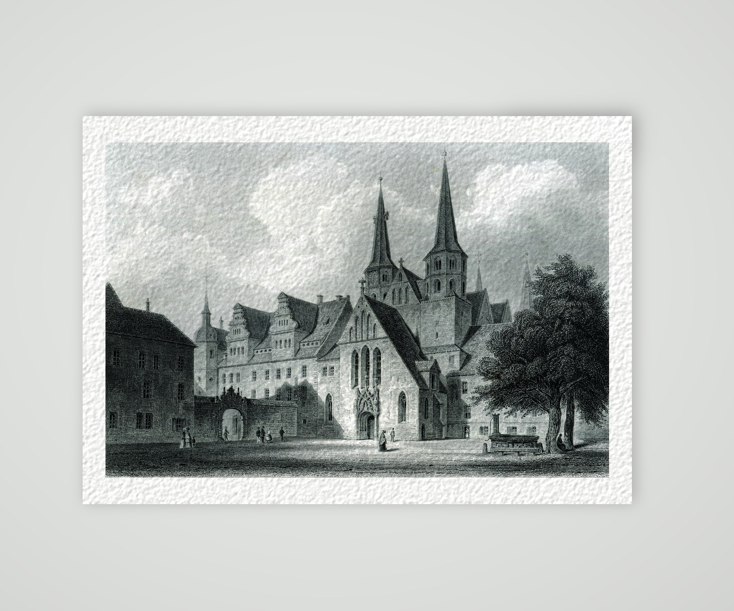 Merseburg, Dom und Schloss mit Brunnen, Stahlstich 19. Jahrhundert, Kunstdruck auf Hahnemühle-Büttenpapier