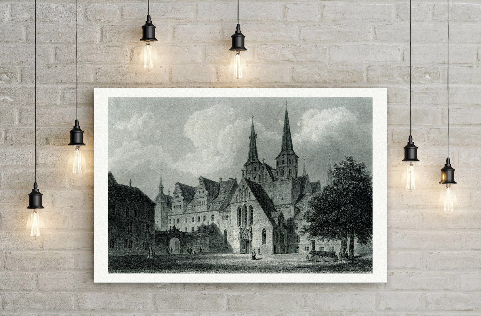Merseburg, Dom und Schloss mit Brunnen, Stahlstich 19. Jahrhundert, Leinwanddruck auf Holzkeilrahmen an der Wand