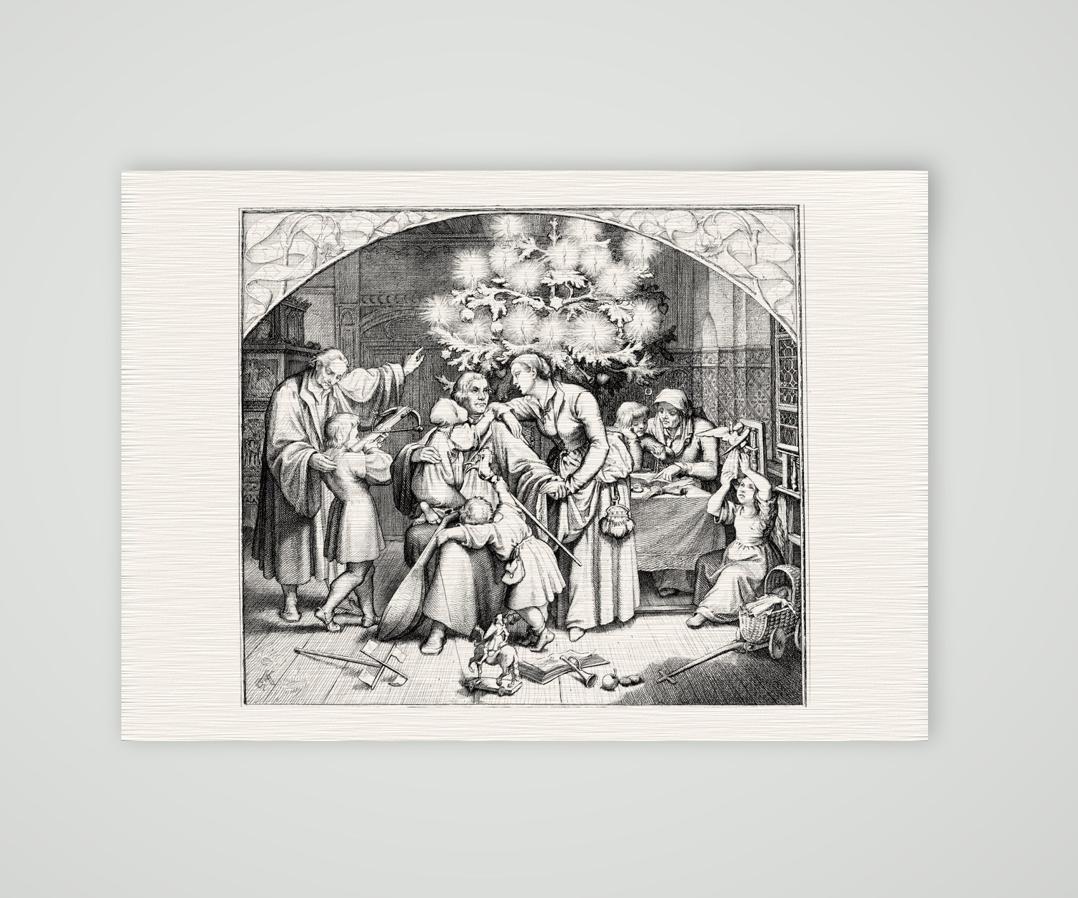 Luthers Winterfreuden – Weihnachten im Kreis seiner Familie – Stich nach Gustav König (Monogramm GK), Kunstdruck auf Leinenpapier