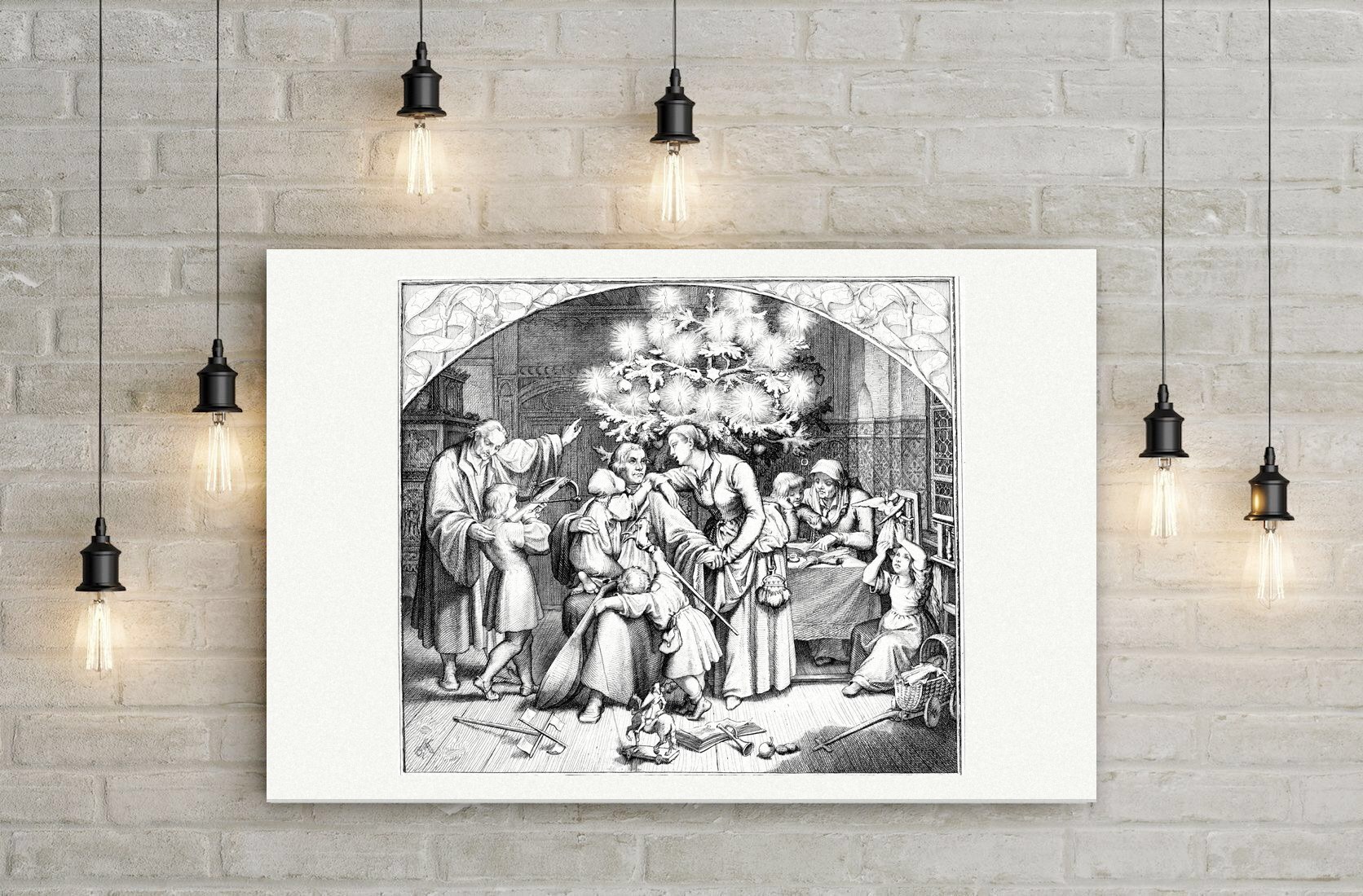 Luthers Winterfreuden – Weihnachten im Kreis seiner Familie – Stich nach Gustav König (Monogramm GK), Leinwanddruck auf Holzkeilrahmen an der Wand