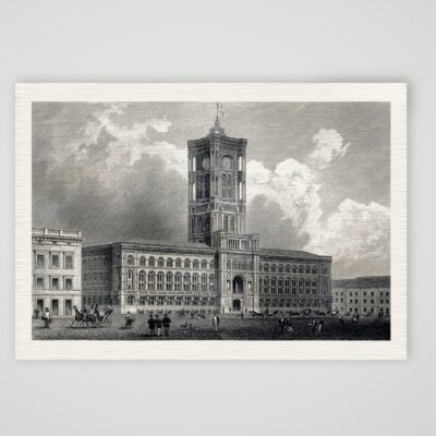 Berlin, Rotes Rathaus mit Turm und Kutschen, Stahlstich 19. Jahrhundert, Kunstdruck auf Leinenpapier