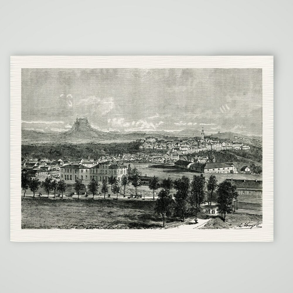 Hechingen mit der Burg Hohenzollern auf dem Bergkegel, Holzstich von P. H. Clerget um 1880, Kunstdruck auf Leinenpapier