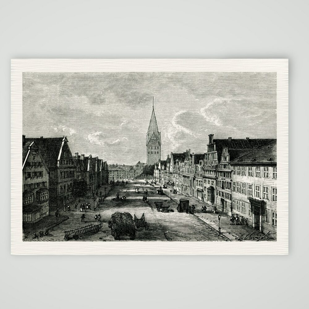 Lüneburg, Platz Am Sande mit Giebelhäusern und dem Turm von St. Johannis, Holzstich um 1880, Kunstdruck auf Leinenpapier
