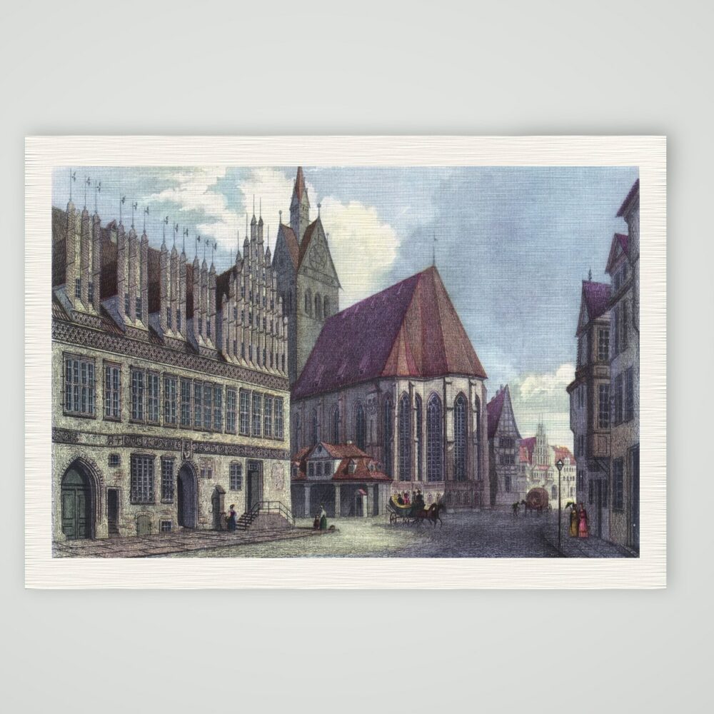 Hannover, Altes Rathaus und Marktkirche, kolorierter Stahlstich 19. Jahrhundert, Kunstdruck auf Leinenpapier