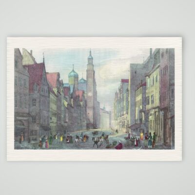 Augsburg, Maximilianstraße mit Perlachturm und Rathaus, kolorierter Stahlstich 19. Jahrhundert, Kunstdruck auf Leinenpapier