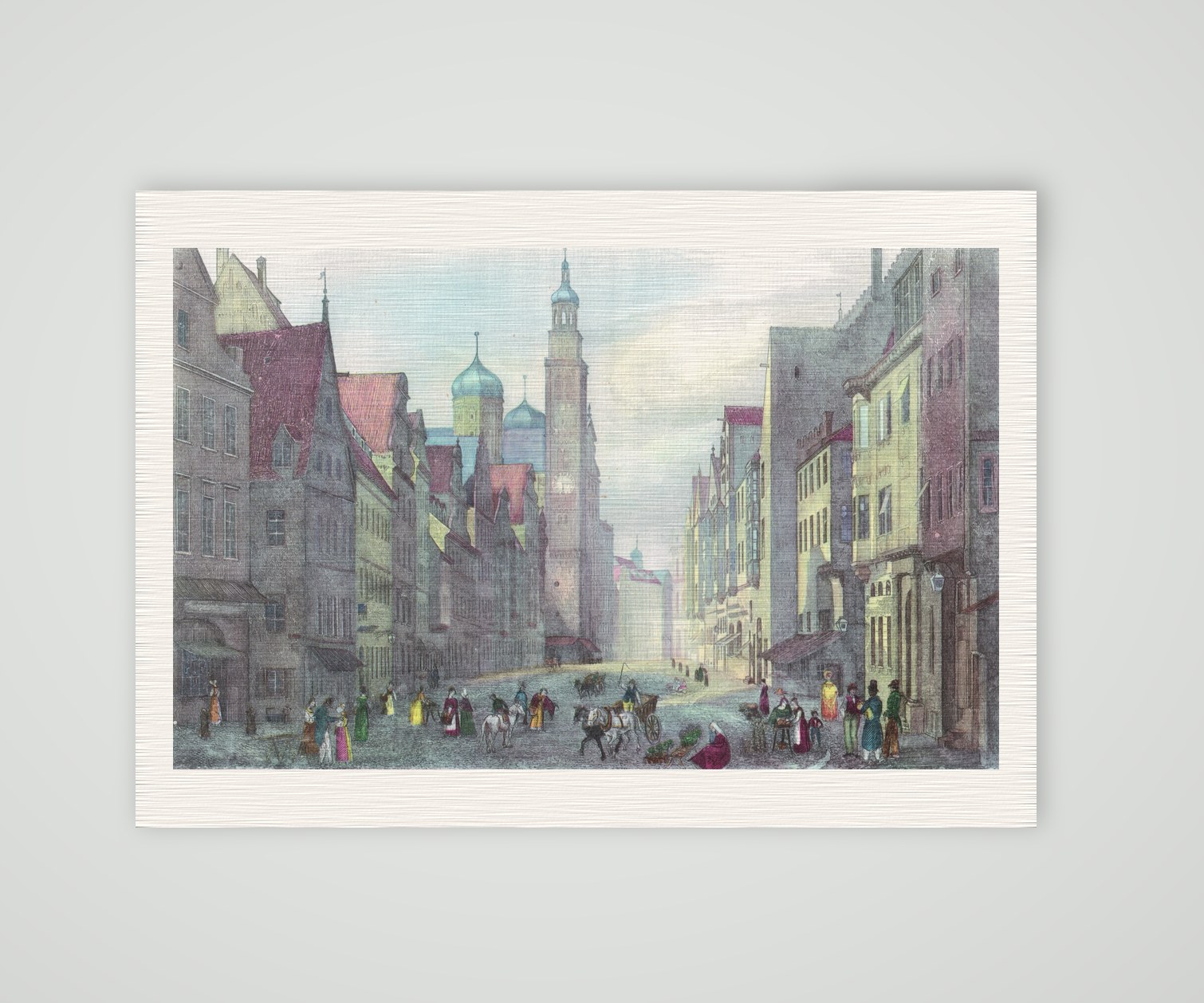 Augsburg, Maximilianstraße mit Perlachturm und Rathaus, kolorierter Stahlstich 19. Jahrhundert, Kunstdruck auf Leinenpapier
