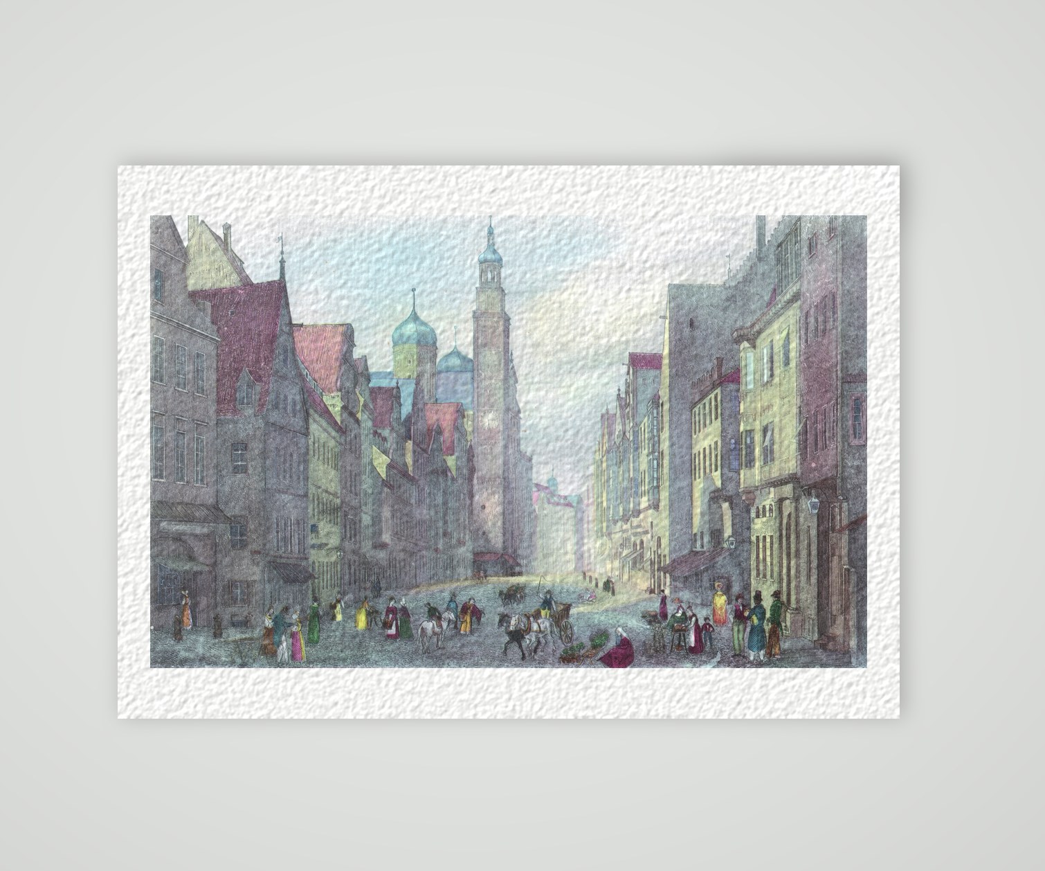 Augsburg, Maximilianstraße mit Perlachturm und Rathaus, kolorierter Stahlstich 19. Jahrhundert, Kunstdruck auf Hahnemühle-Büttenpapier