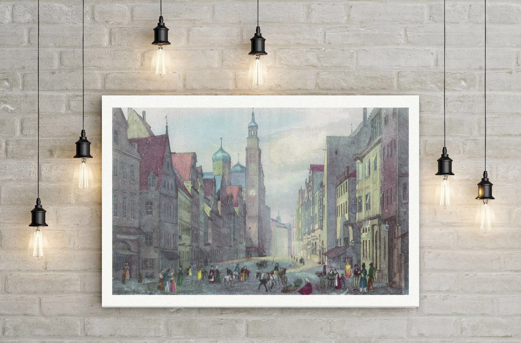Augsburg, Maximilianstraße mit Perlachturm und Rathaus, kolorierter Stahlstich 19. Jahrhundert, Leinwanddruck auf Holzkeilrahmen an der Wand