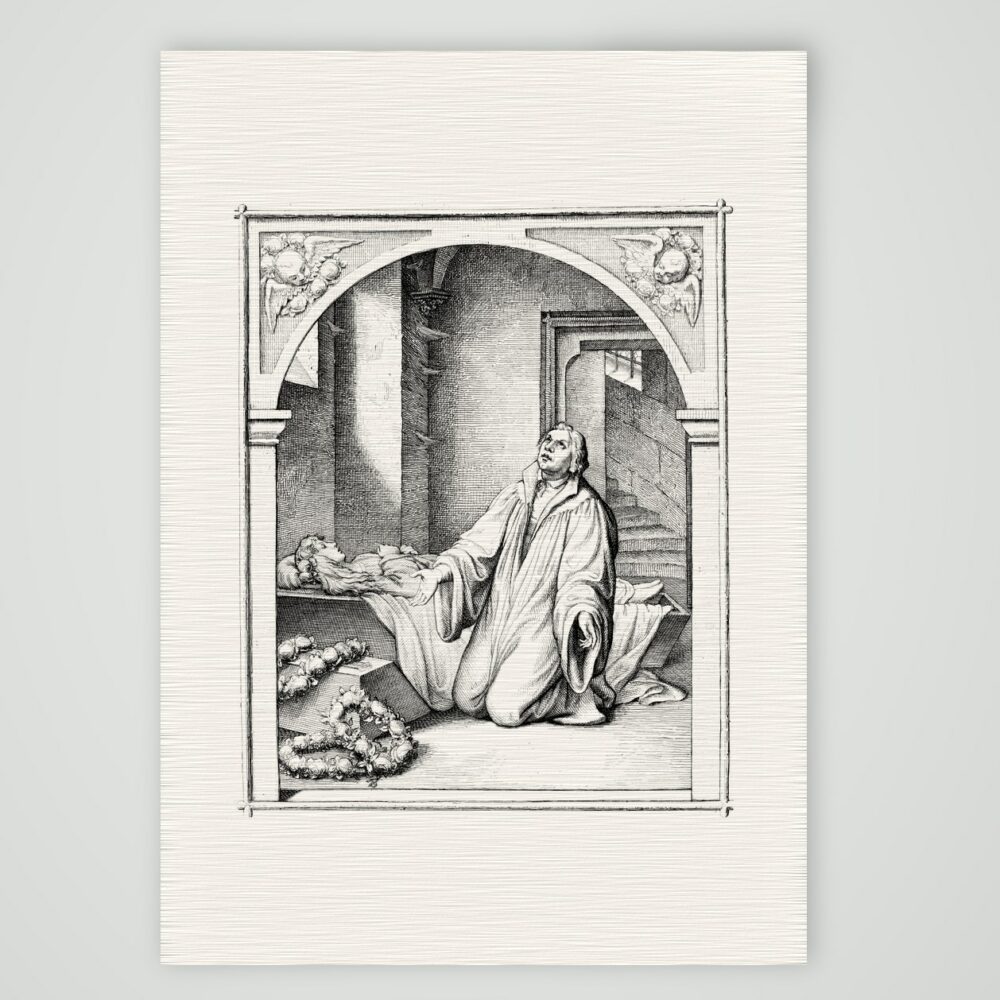 Luther am Sarg seiner Tochter Magdalena – Stich nach Gustav König (Monogramm GK), Kunstdruck auf Leinenpapier