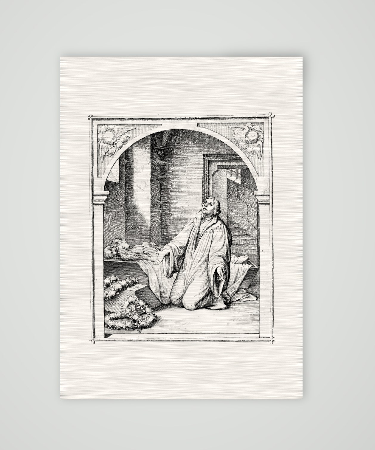 Luther am Sarg seiner Tochter Magdalena – Stich nach Gustav König (Monogramm GK), Kunstdruck auf Leinenpapier