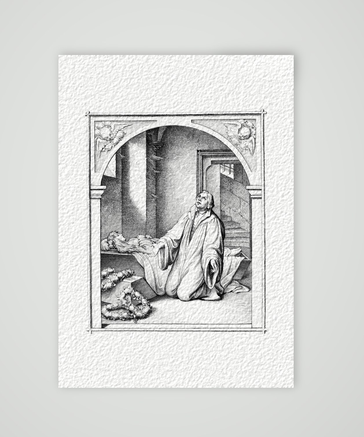 Luther am Sarg seiner Tochter Magdalena – Stich nach Gustav König (Monogramm GK), Kunstdruck auf Hahnemühle-Büttenpapier